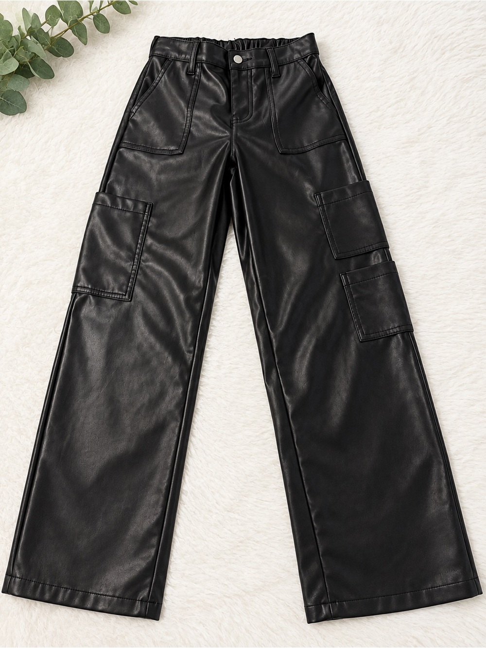 No Boundaries Black Faux Leather Wide-Leg Cargo Jeans